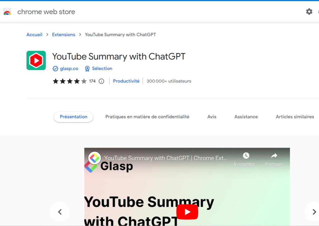 Extensions Google pour ChatGPT YouTube Summary with ChatGpt