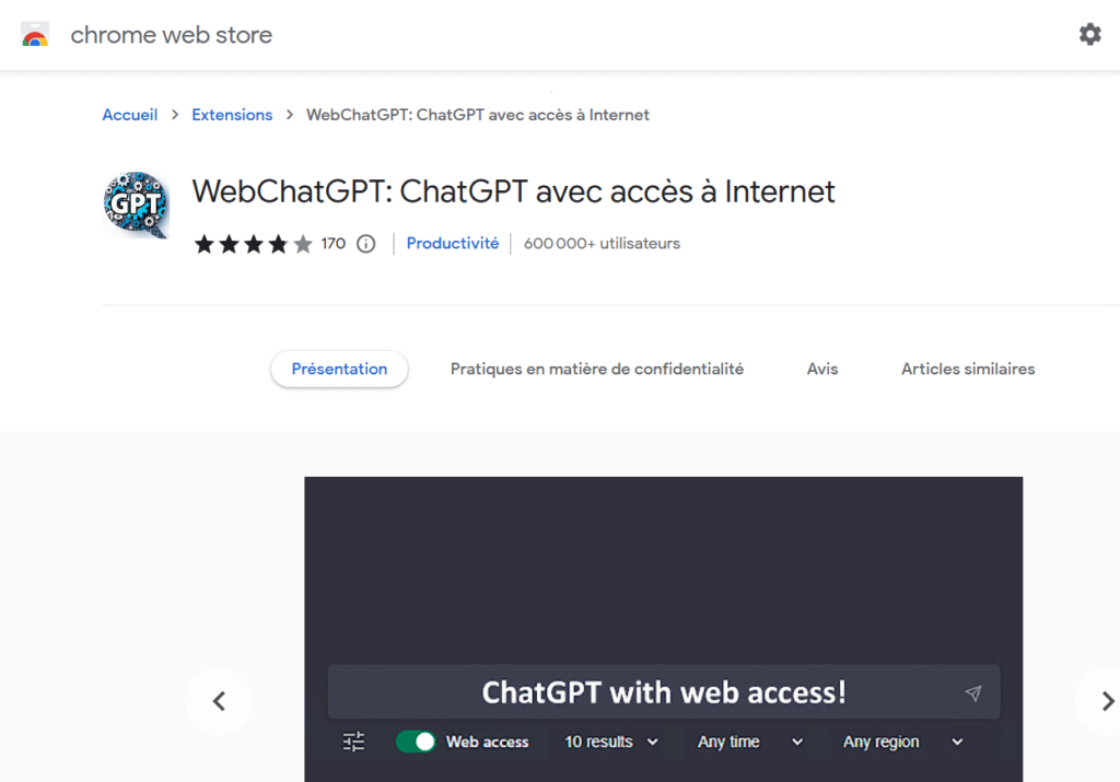 Extensions Google pour ChatGPT WebChatGPT