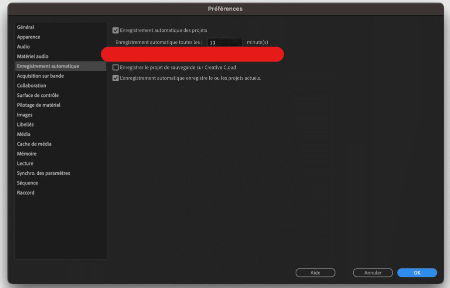 Enregistrement automatique Adobe Première Pro